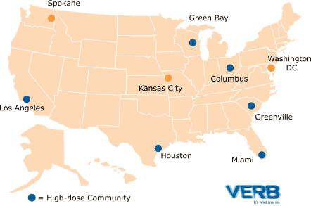 A U.S. map on which the following communities are highlighted: Washington DC, Los Angeles, Green Bay (WI), Columbus (OH), Greenville (SC), Houston, Miami, Spokane (WA), Kansas City (MO). Six of the cities (Los Angeles, Green Bay, Houston, Columbus, Greenville, and Miami) are additionally highlighted as high-dose communities.