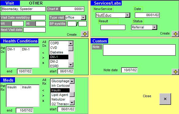 This screen capture depicts the New Visit Form in the Chronic Disease Electronic Management System. The form allows the user to enter information about each patient, including, from the top left, in a section called “visit,” the patient’s name, chart number, visit date, visit type, weight, height, blood pressure, and next visit date. In the next section down on the left, called “health conditions,” the user can enter patient diagnosis chosen from a drop-down list and a start and end date. The last section on the left, called “meds,” allows the user to choose what medicines a patient is taking from a drop-down list and a start and end date. On the upper right of the screen capture is a section called “services/labs,” where the user can choose a new service from a drop-down list, the date of the service, whether the patient is being referred elsewhere for the service, and the result. Below that is a final section called “custom,” for notes. 