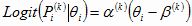 Mathematic equation: The logit of Pi(k),conditional on θi, equals the product of α(k) and (θi minus β(k) ), where k varies from 1 to 9.