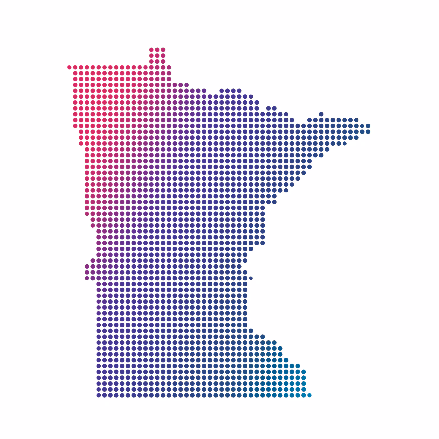Minnesota map of blue dots on white background Minnesota map of colored dots on white background