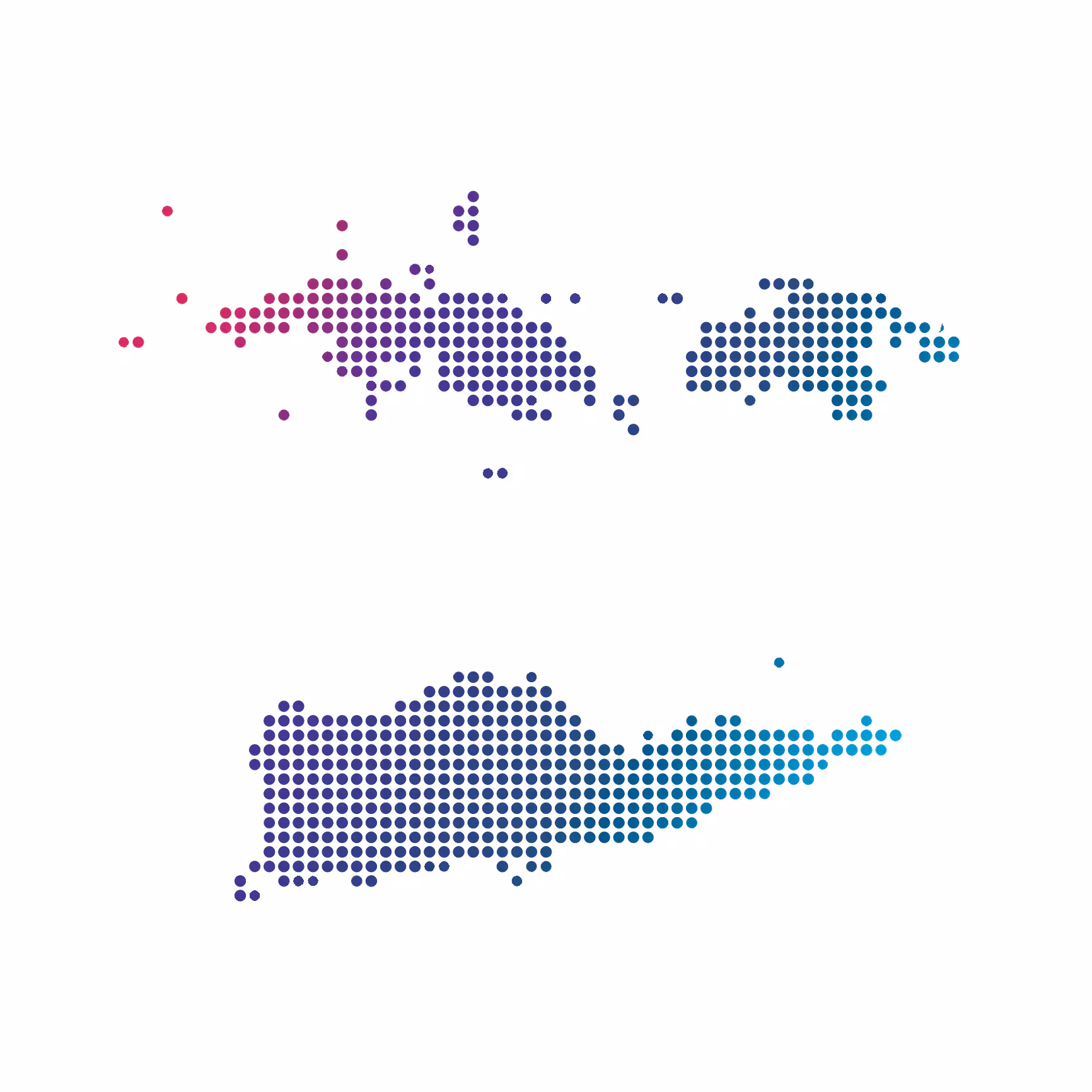 Virgin Islands map of blue dots on white background Decorative: Shape of Virgin Islands made of dots