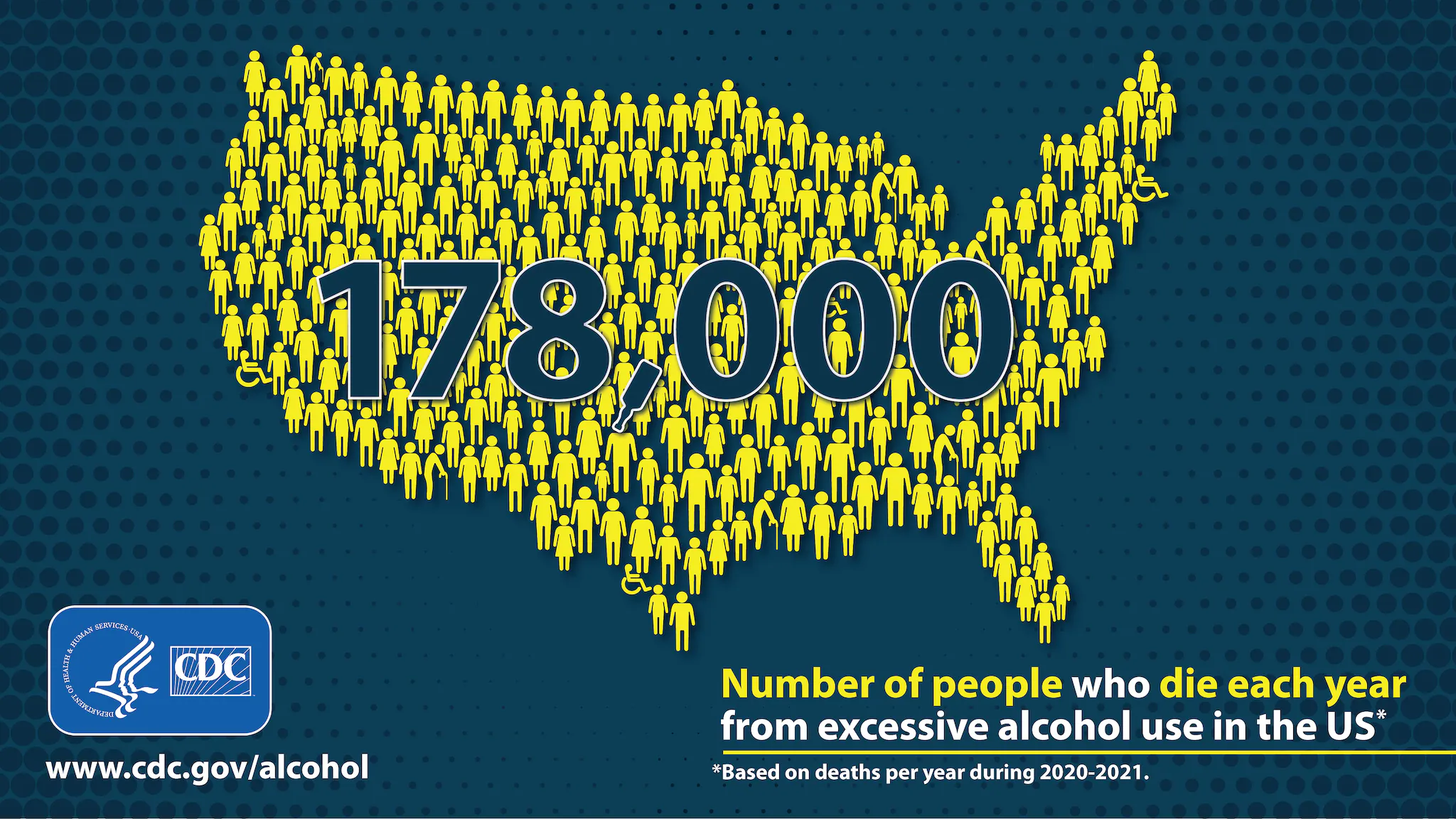 Human figures overlay a U.S. map with the text, "About 178,000 people die from excessive alcohol use in the United States each year."