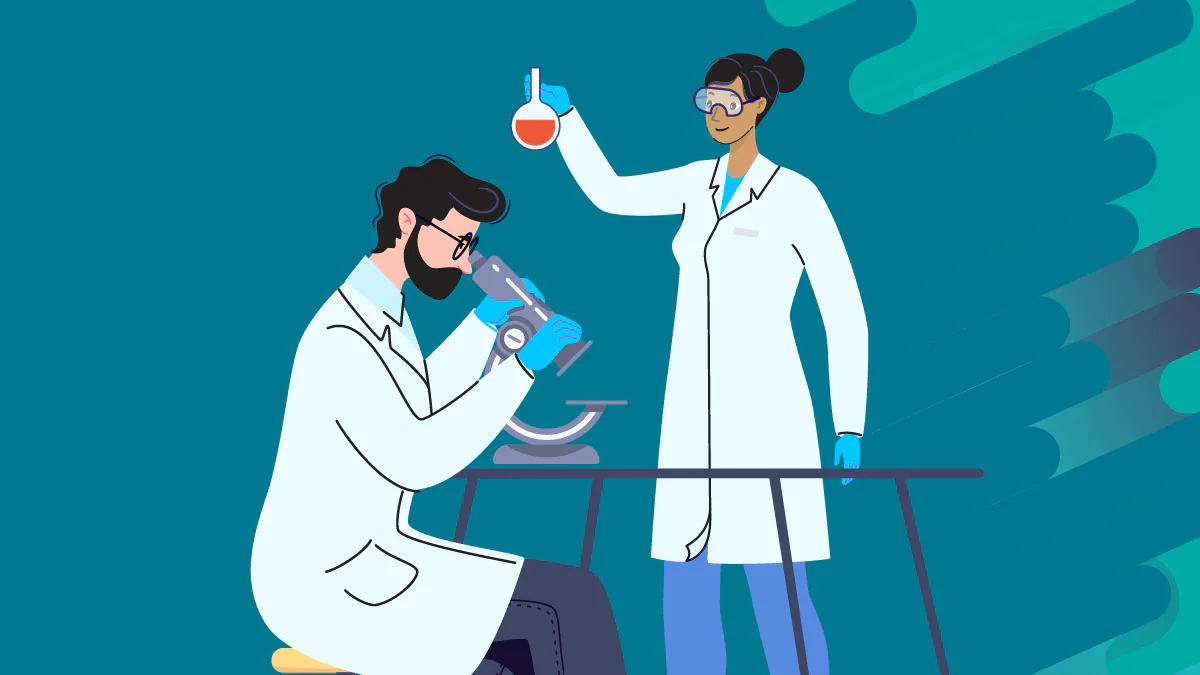 male and female lab scientists examinging under a micrope