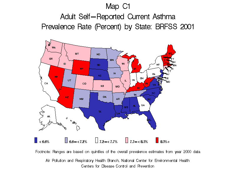 map c1  adult self reported curent asthma prevalence rate BRFSS 2001