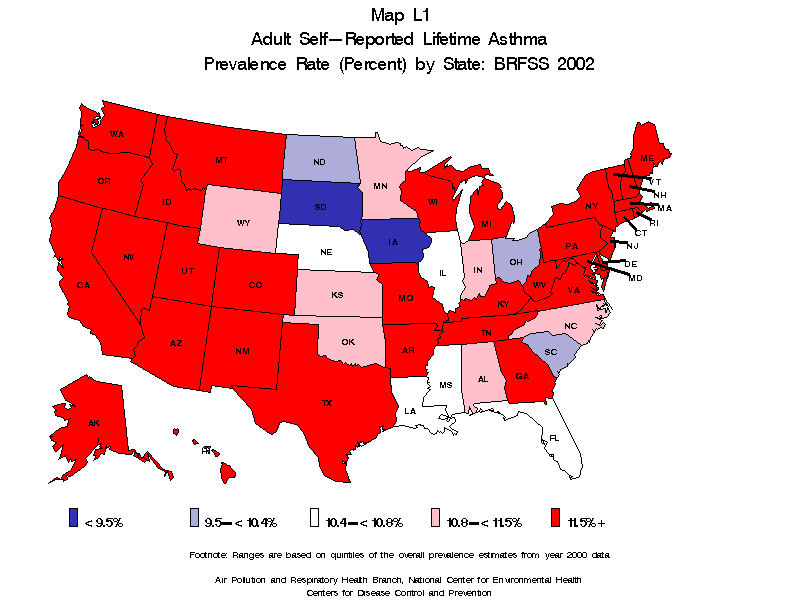 Map L1 adult self reported lifetime asthma pervalence rate(percent) by ststae BRFSS 2002