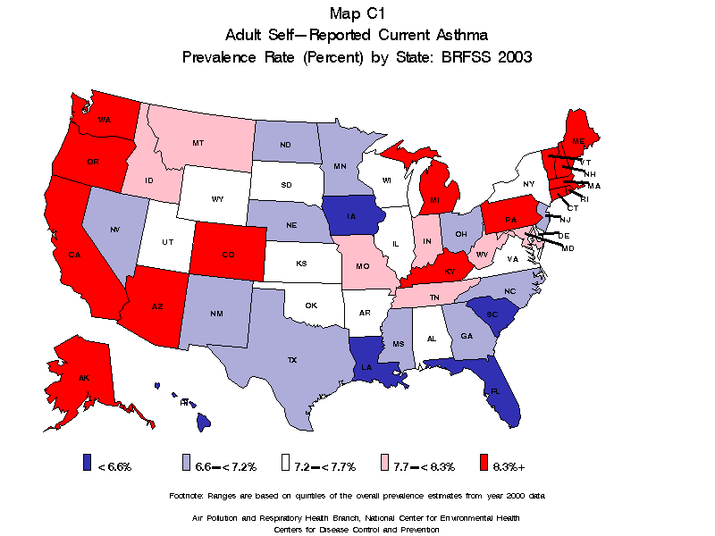 map c1 adult self reported current asthma pervalence rate BRFSS 2003