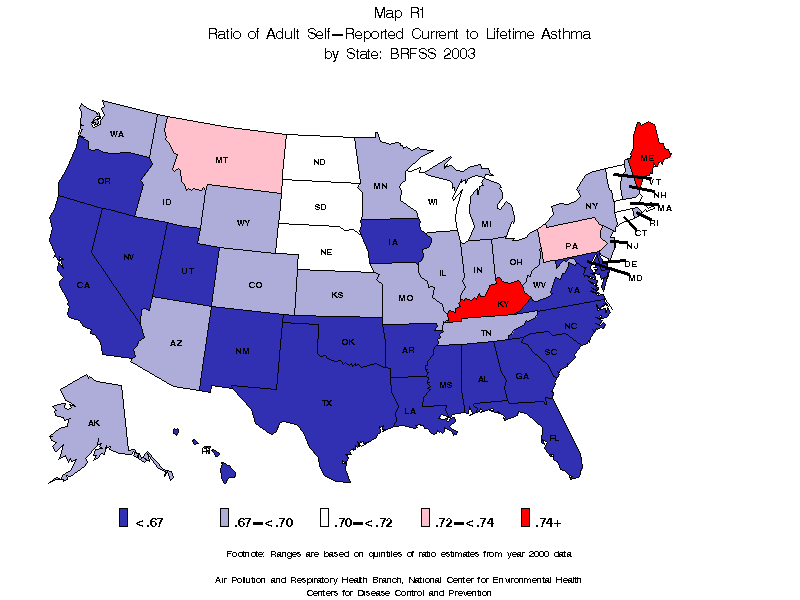 Map R1 (color) - Ratio of Adult Self-Reported Current to Lifetime Asthma by State: BRFSS 2003