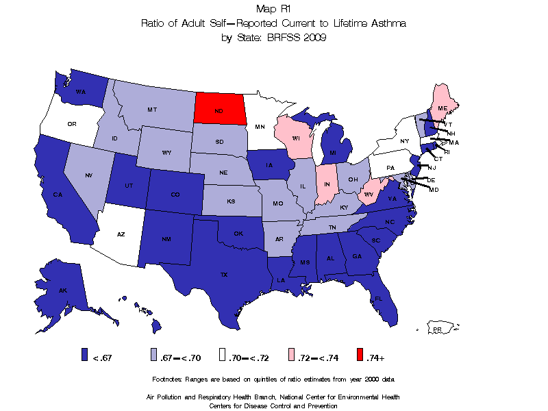 Map R1 (color) - Adult Self-Reported Lifetime Asthma Prevalance Rate (Percent) by State: BRFSS 2009