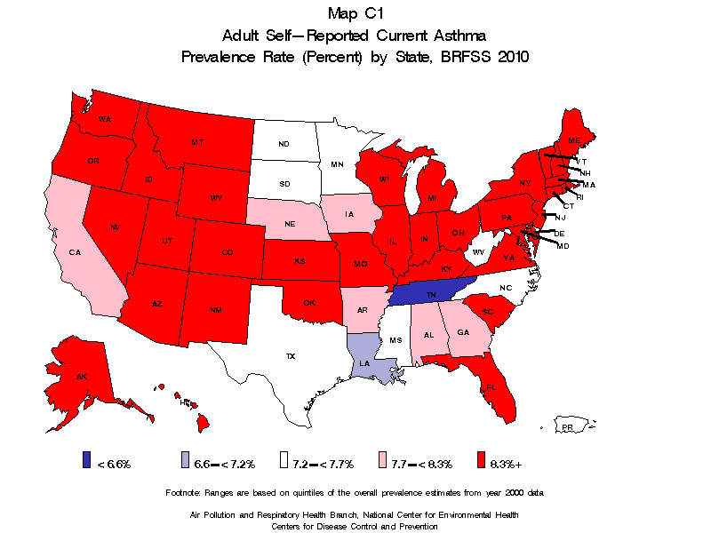 Map C1 (color) - Adult Self-Reported Lifetime Asthma Prevalance Rate (Percent) by State: BRFSS 2010