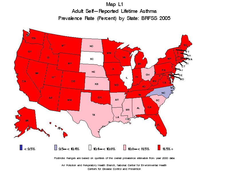 Map L1 (color) - Adult Self-Reported Lifetime Asthma Prevalance Rate (Percent) by State: BRFSS 2005