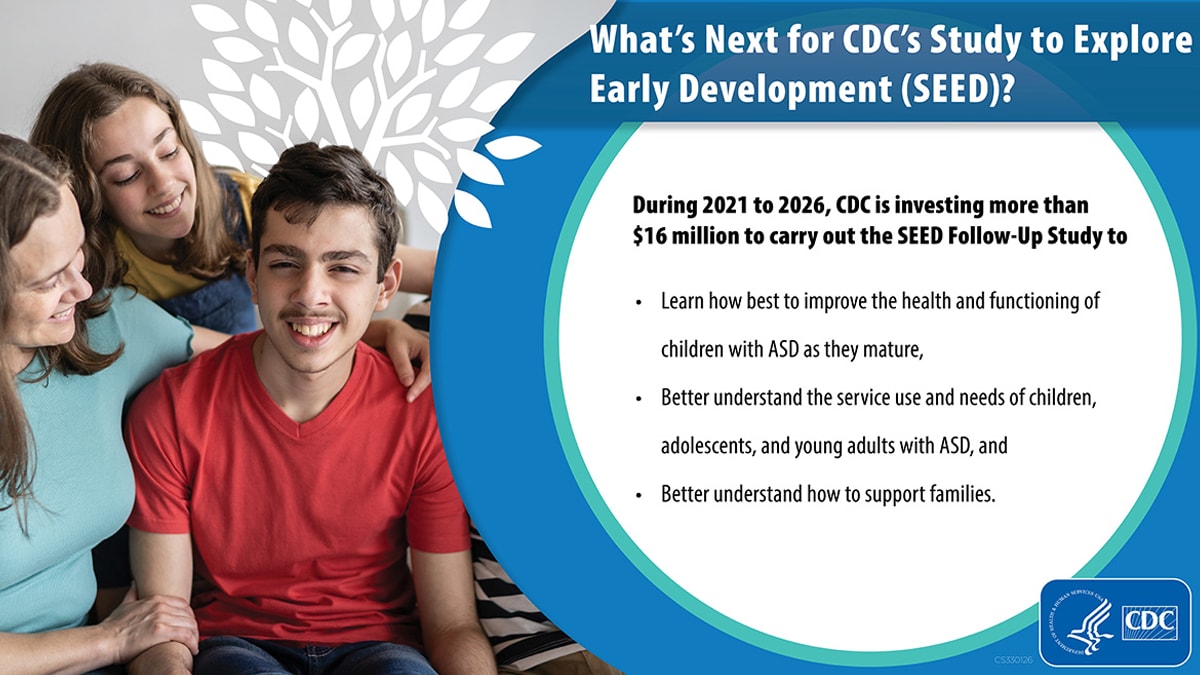 Image of older child with family, followed by image of text from 'What's Next for CDC's Study to Explore Early Development (SEED)?' section.