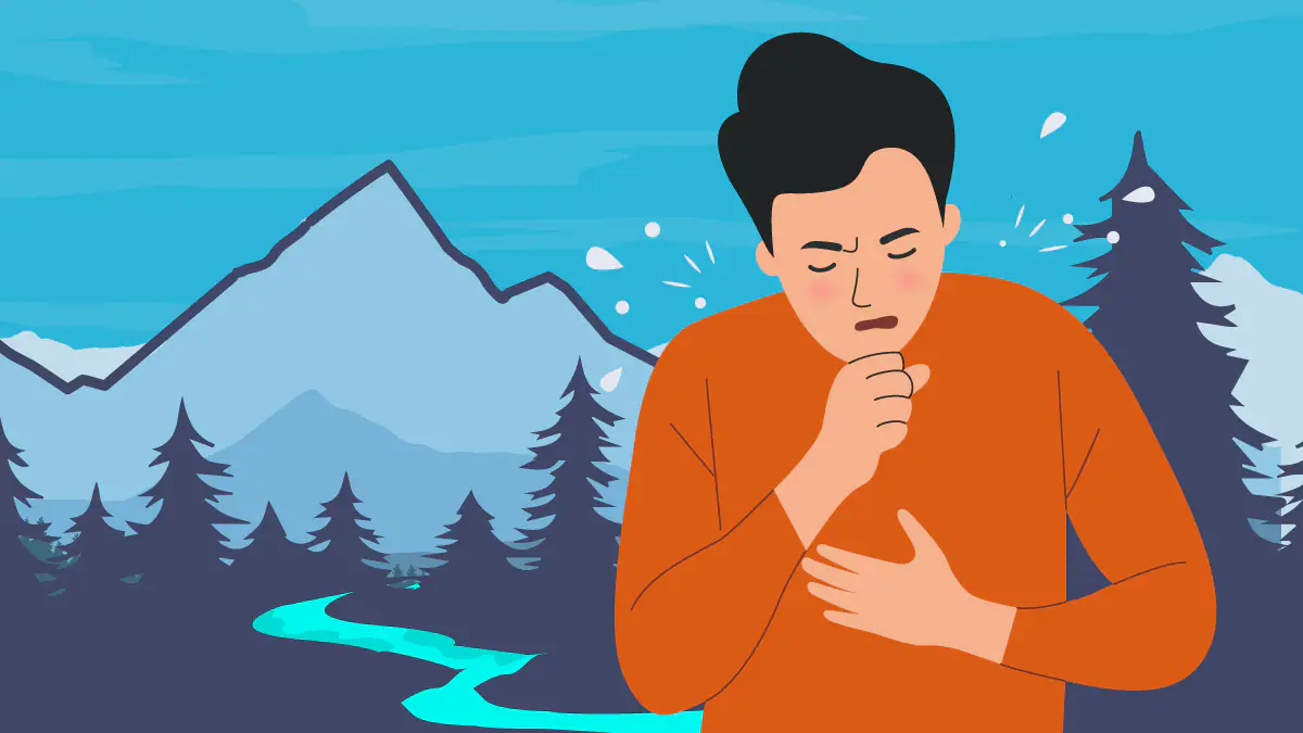 Blastomycosis man coughing with mountains, trees, and a river in the background