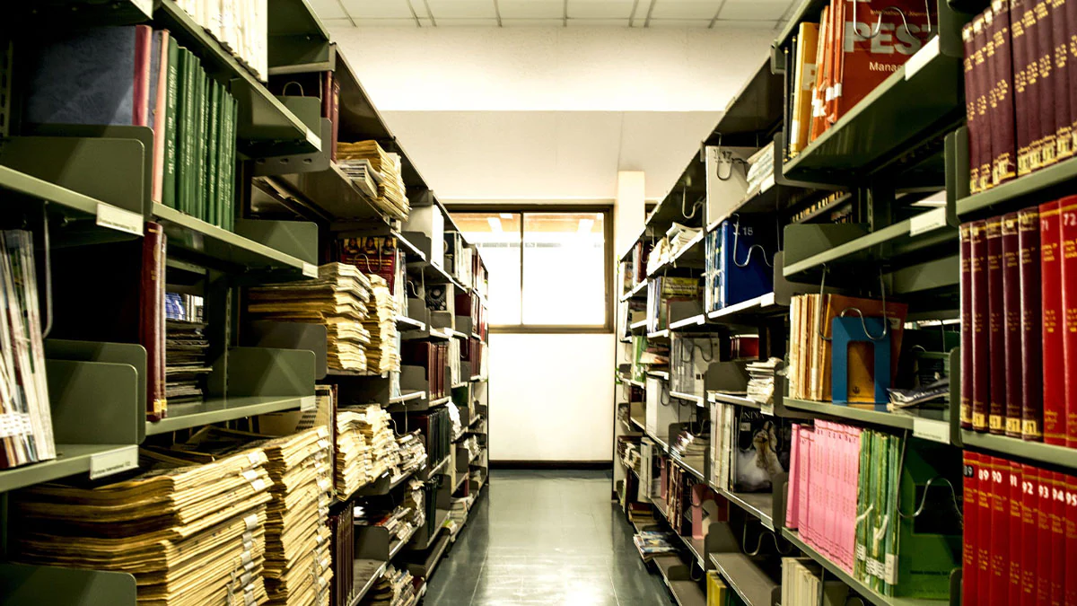 A photo of books and other publications on shelves in a library.