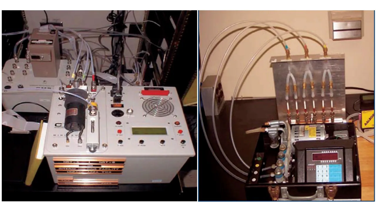 Two photos showing instruments used to collect air samples to measure for chemical warfare agents.