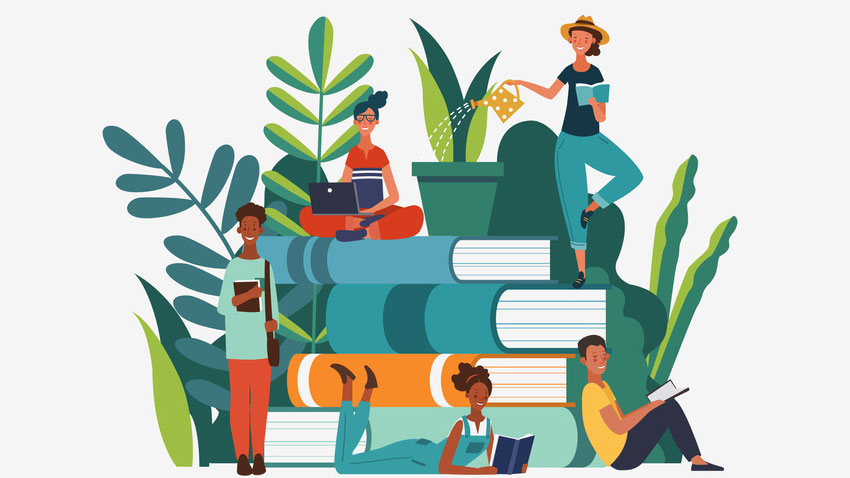 An oversized stack of books surrounded by plants, with students sitting, standing, reading and watering plants.