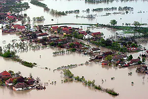 A flooded town.