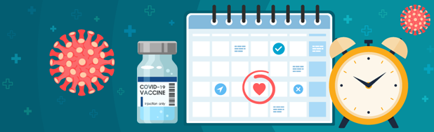 Illustration of virus, vaccine dose, calendar, and clock.