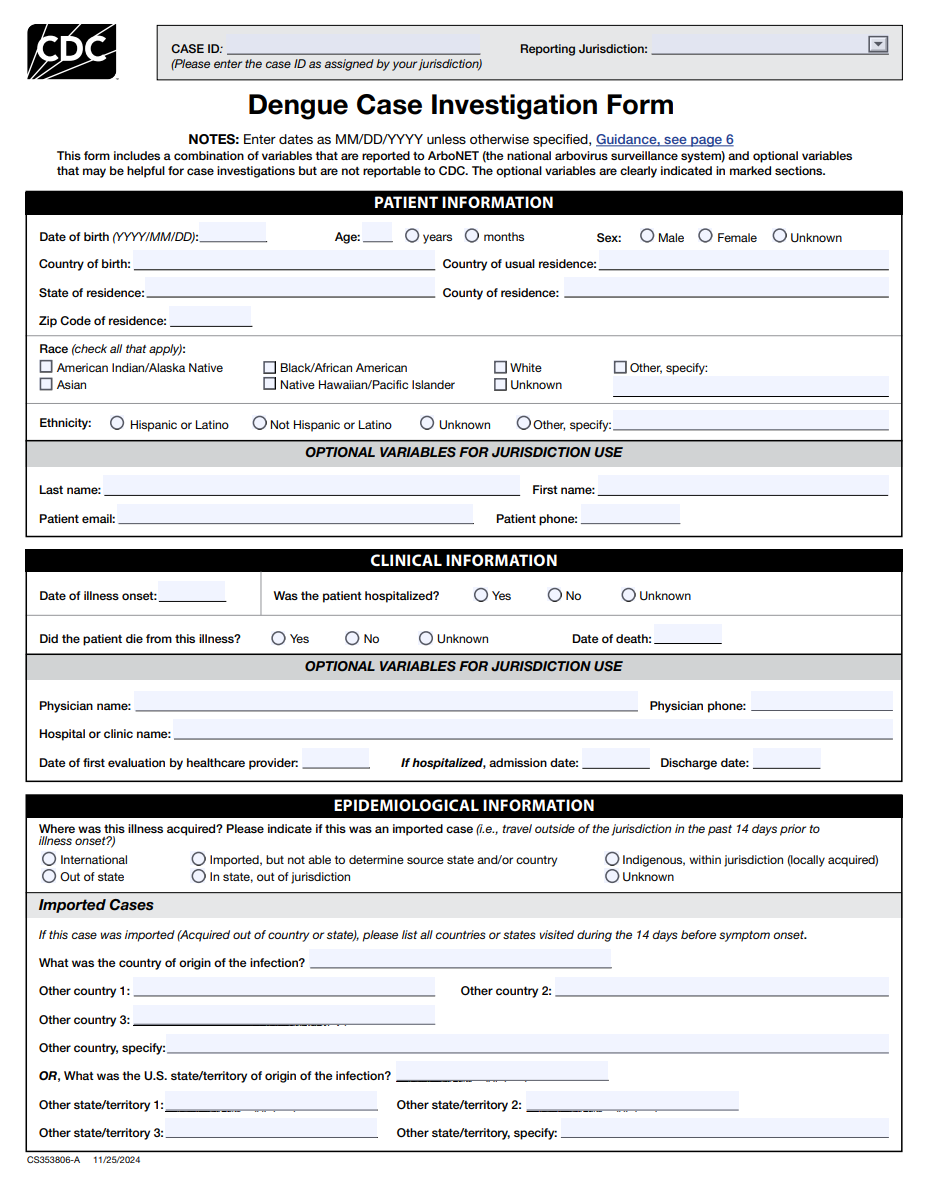 Preview of the dengue case investigation form which is a black and white fillable PDF.