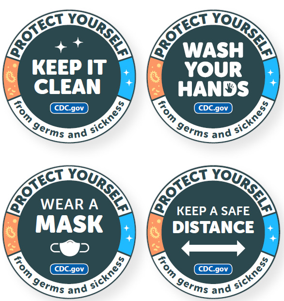 Four round decals. All say "Protect yourself from germs and sickness". Keep it clean. Wash your hands. Wear a mask. Keep a safe distance.