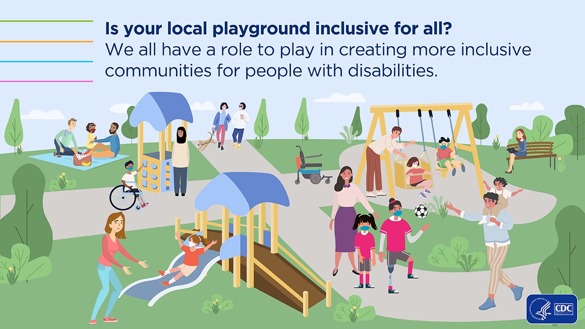 Inclusive playground with people of various abilities and accessible play equipment.