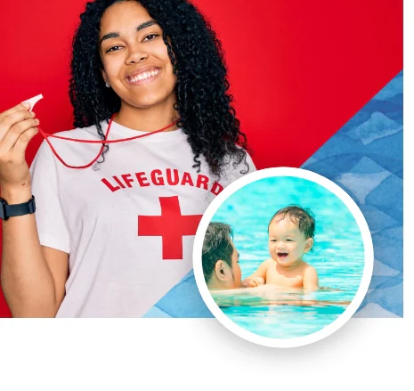 a female lifeguard with insert photo of man in a pool with an infant child