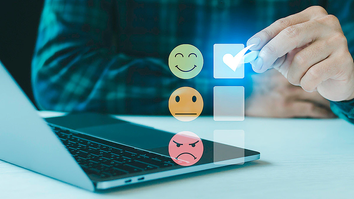 Happiness Survey Illustration of man filling out a happiness survey by checking a happy face box and not an indifferent or frowning face