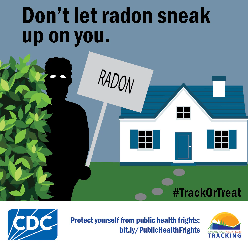 Shadowy figure behind bush in front of house holding "radon" sign with image text: "Don't let radon sneak up on you."