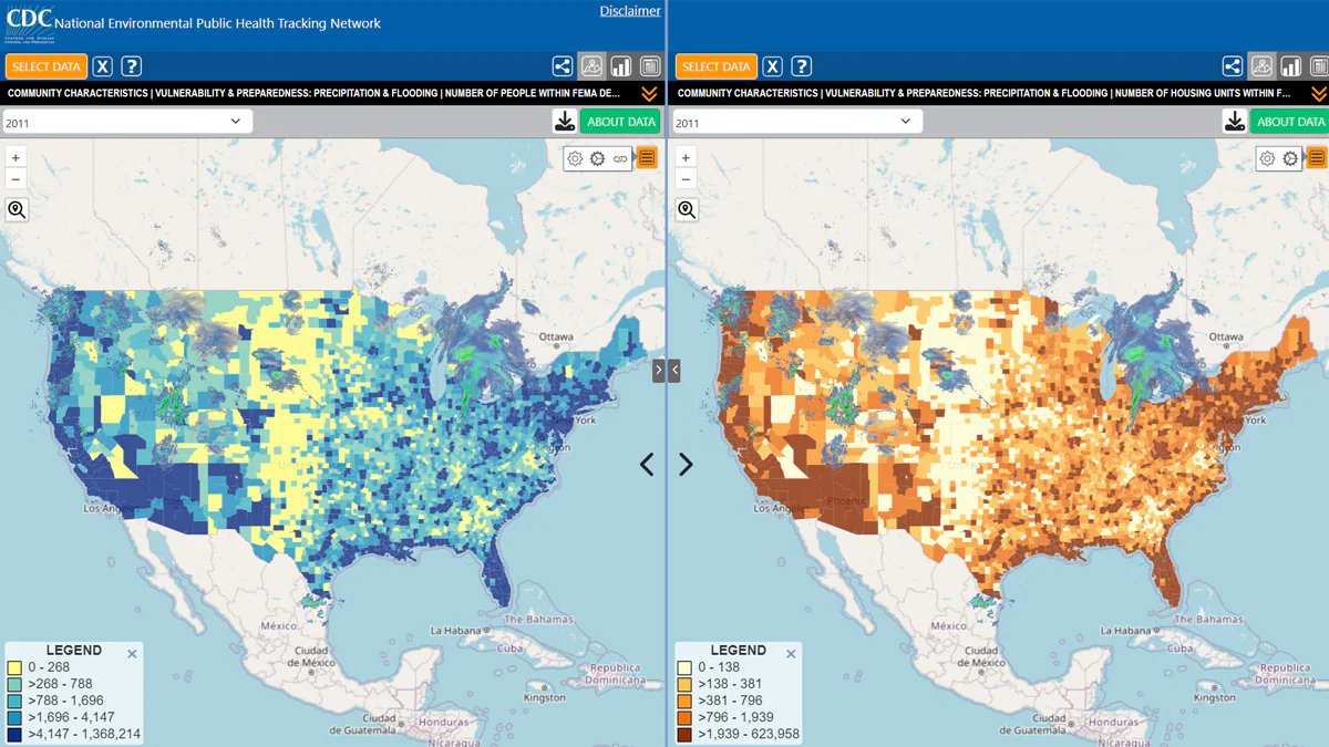 Tracking Data Explorer Tool map Number of People and Housing Units within FEMA Designated Flood Hazard Area with Current Radar Overlay Layer