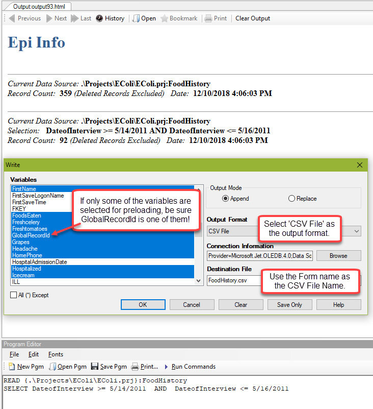 Write dialog showing settings for creating the Preload CSV File