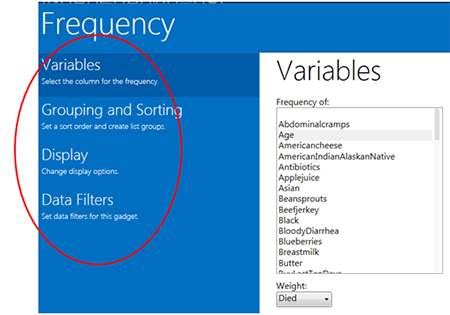 Frequency gadget functions menu