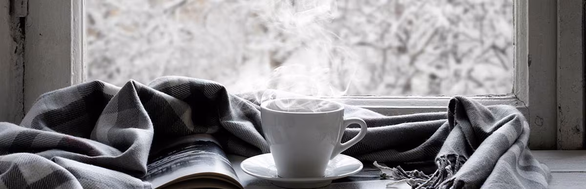 Un libro, una bufanda gris y blanca y una taza blanca llena de una bebida caliente y humeante se colocan en una mesa frente a una ventana que muestra un paisaje nevado afuera. Un libro, una bufanda gris y blanca y una taza blanca llena de una bebida caliente y humeante se colocan en una mesa frente a una ventana que muestra un paisaje nevado afuera.
