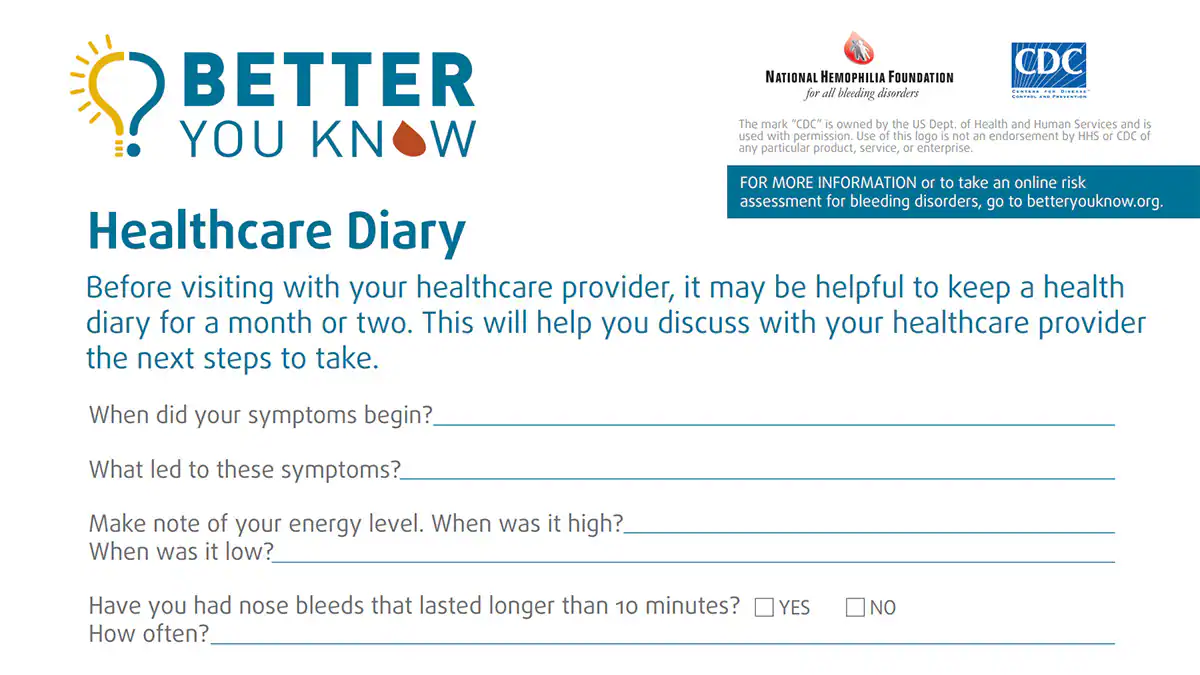 Health care diary with questions listed that help track symptoms