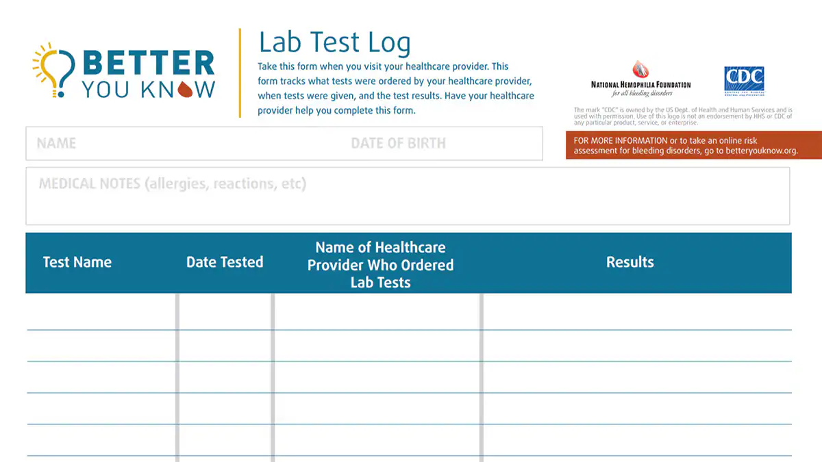 Chart with empty rows to track lab tests and their results