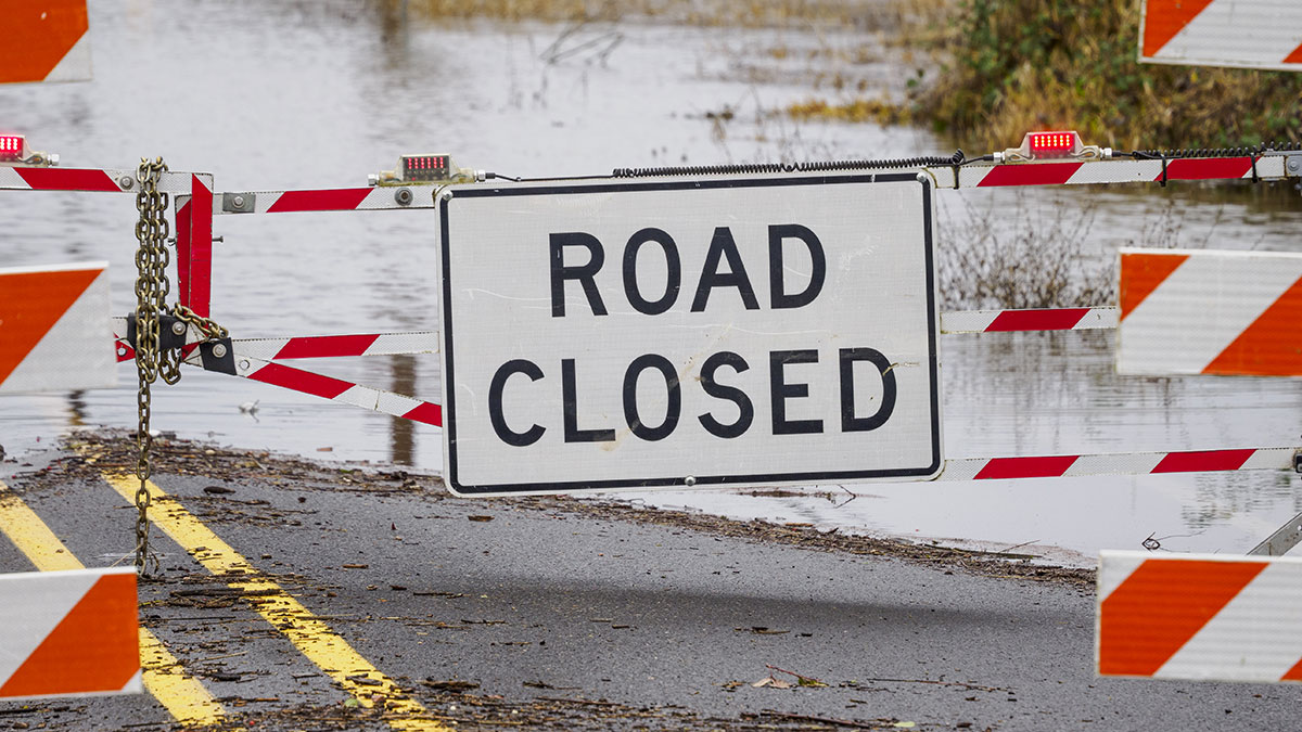 Road closed sign on flooded road