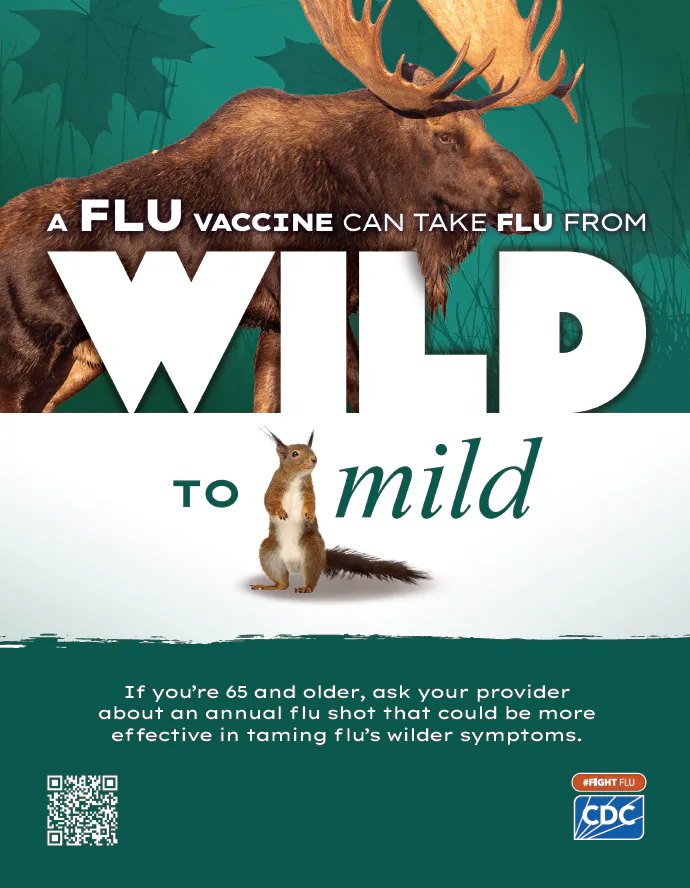 A flu vaccine can take flu from wild to mild. If you’re 65 and older, ask your provider about an annual flu shot that could most effective in taming flu’s wilder symptoms. #fightflu cdc logo