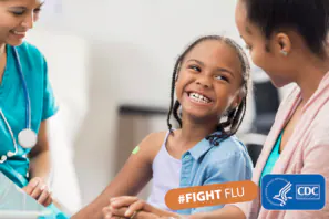 child with health care professional and parent smiling with text: #figtflu and cdc logo