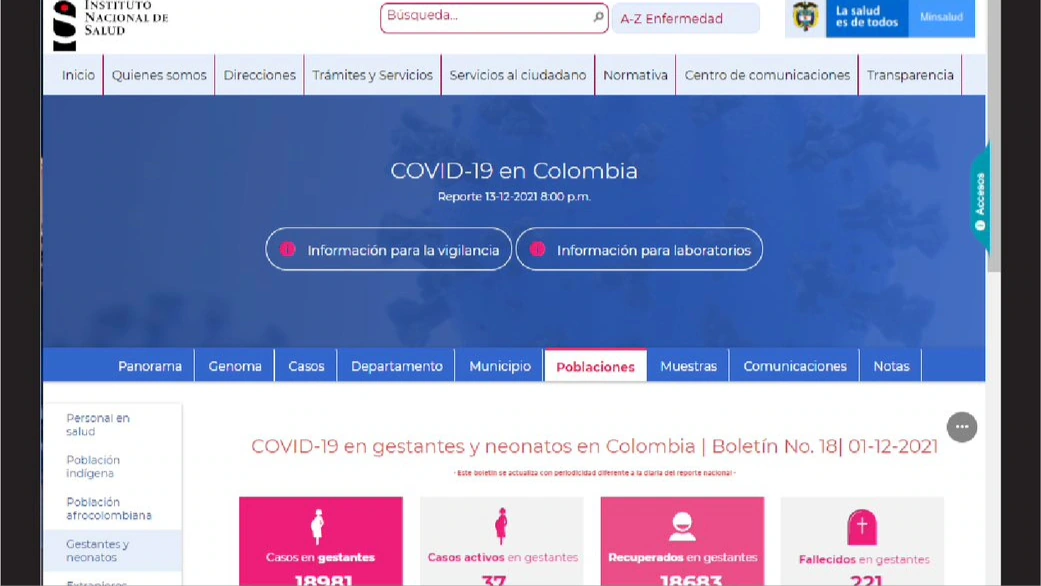 screenshot of INS bulletin on pregnant women and newborns with COVID-19 in Colombia