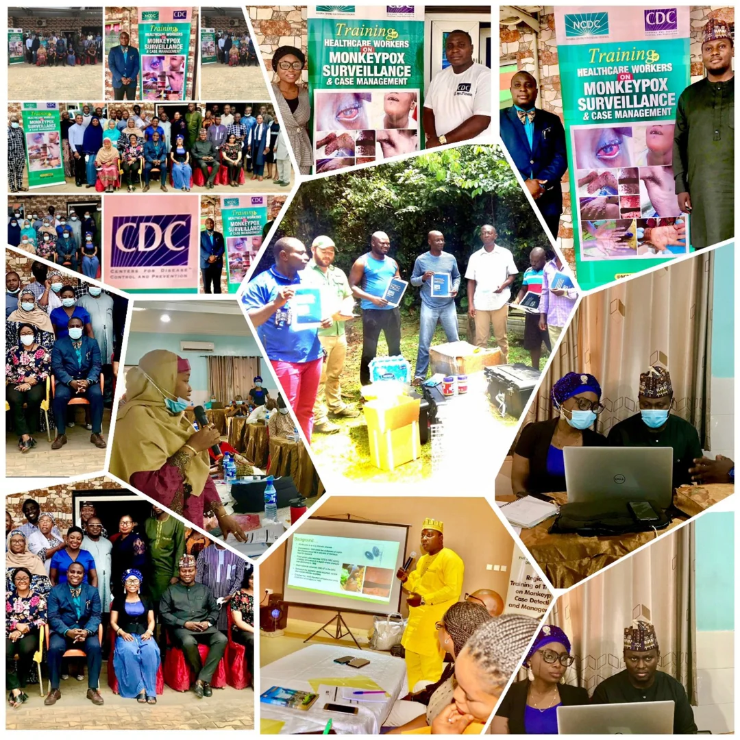 collage of Local CDC staff, including Dr. Muhammad Saleh, conducting training sessions across Nigeria