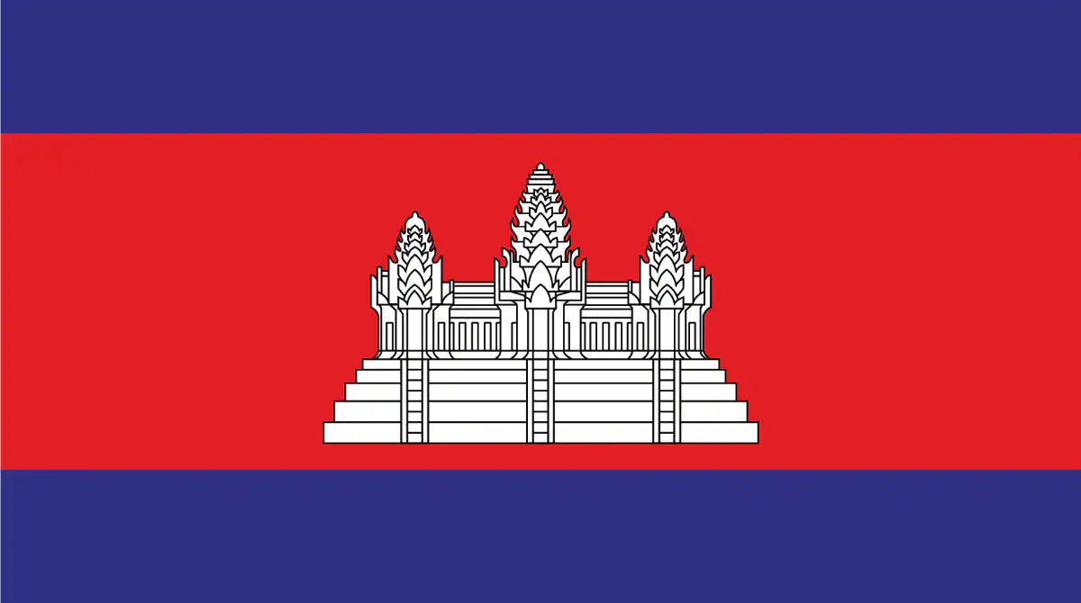 The flag of Cambodia consists of three horizontal stripes—blue on the top and bottom and a larger central red stripe. In the center of the red stripe is a white depiction of Angkor Wat temple.