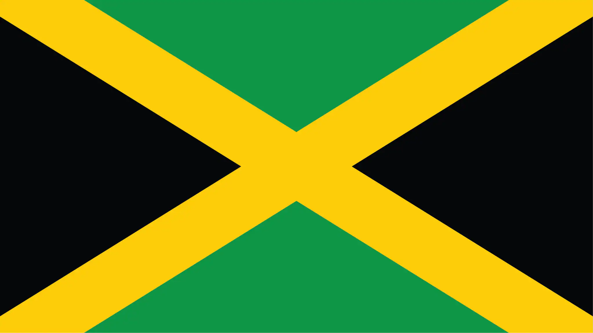 The Jamaican flag showing a yellow X that expands to each of the corners of the flag. There is solid green filling in the area above and below the X. Solid black is filled in the space on the left and right of the X.