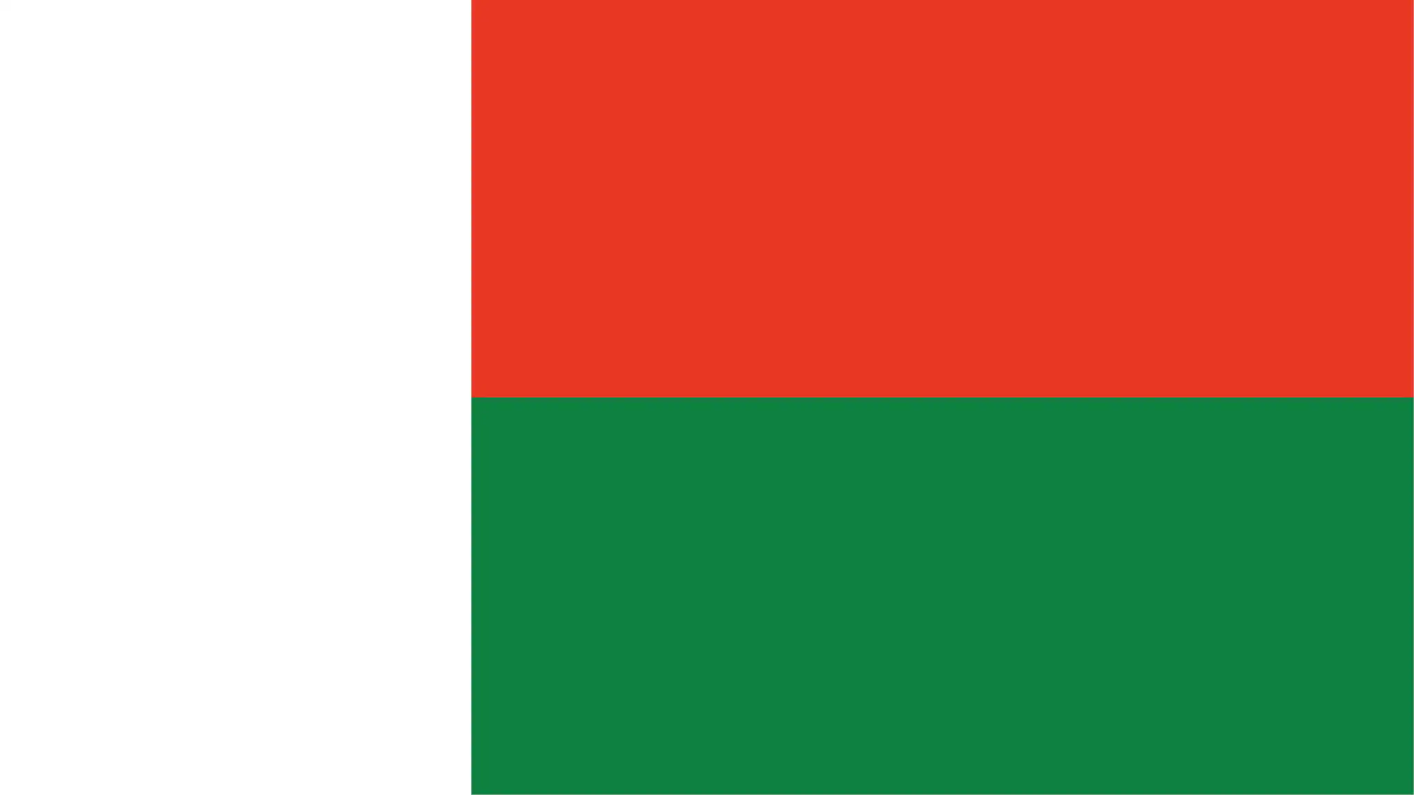 The flag of Madagascar features a vertical white band on the left, and horizontal red and green bands on the right.