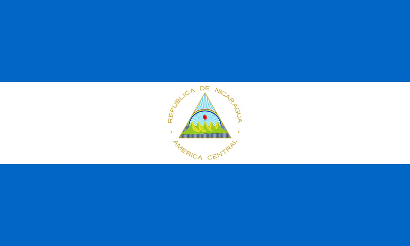 The flag of Nicaragua has a blue strip on top, a white strip in the middle with a pyramid, and a blue flag on the bottom.