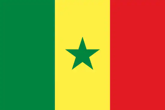 The Senegal flag has a green strip all the way to the left, a yellow strip in the middle, and a red strip on the right side.