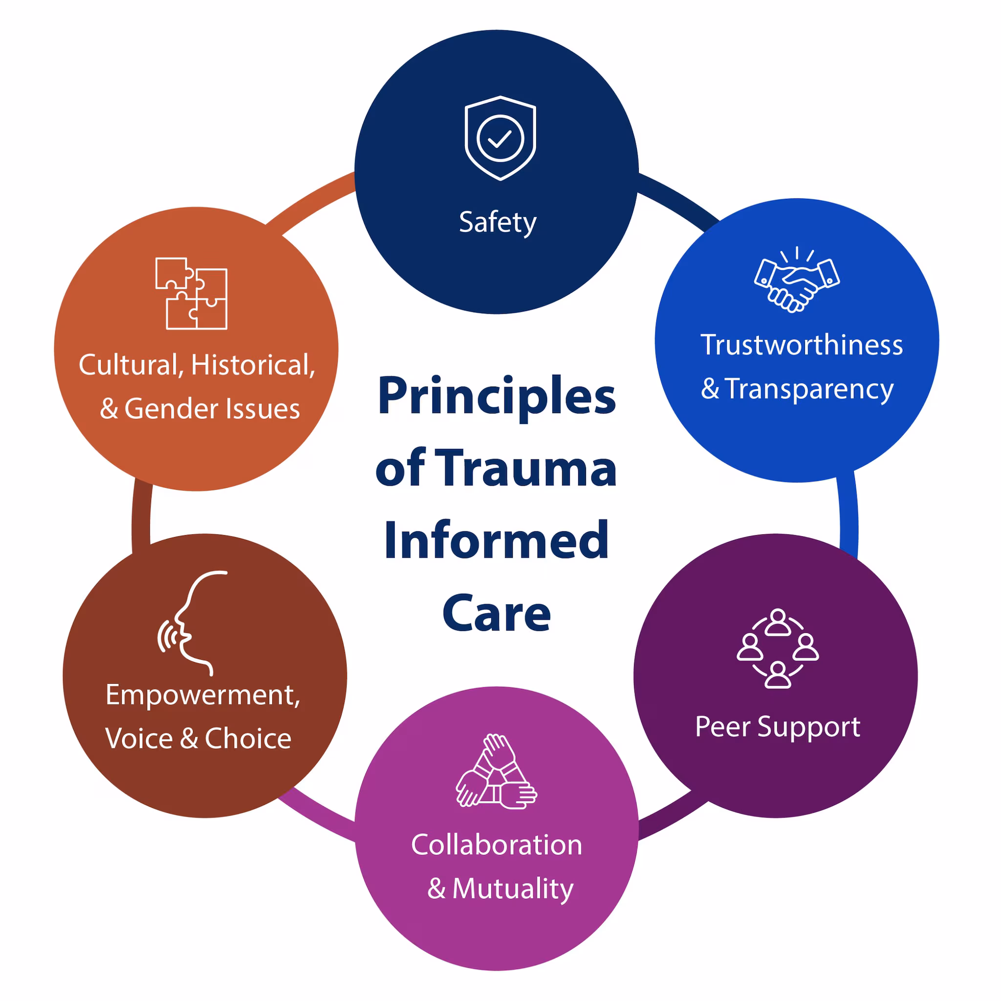 TIC Infographic Principles of trauma-informed care: safety; trustworthiness and transparency; peer support; collaboration and mutuality; empowerment, voice, and choice; cultural, historical, gender issues