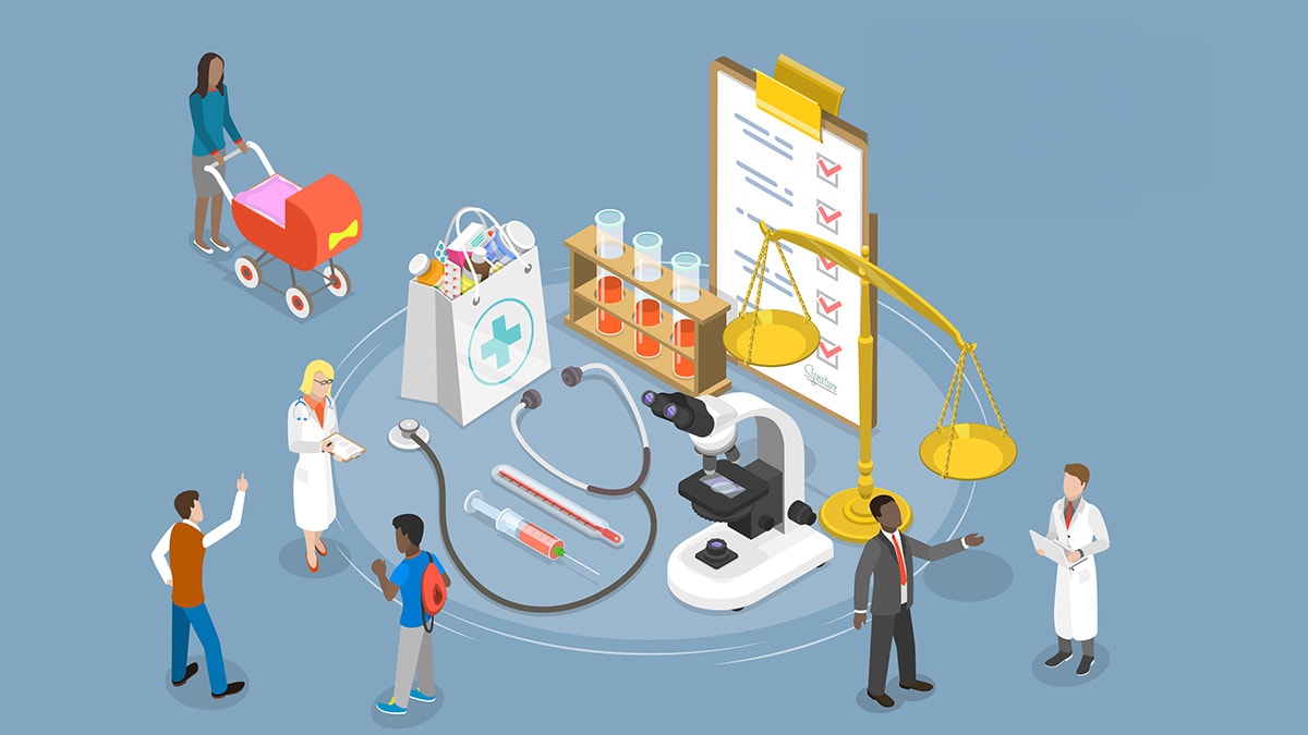 An illustrated graphic showing diverse people of different socioeconomic backgrounds accessing healthcare.