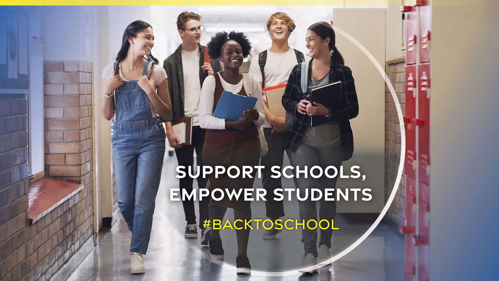 Diverse high school students talking in a school hallway with text overlay reading, "support schools, empower students."