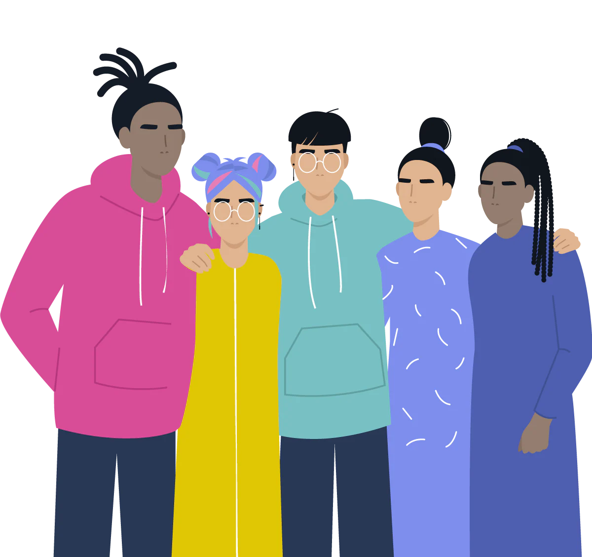 Illustration of LGBTQ, diverse group of people hugging each other