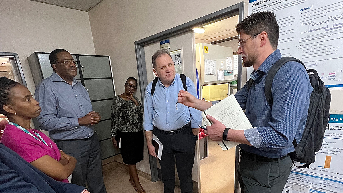 A group of individuals discuss Georgia's viral hepatitis C elimination program in an office setting