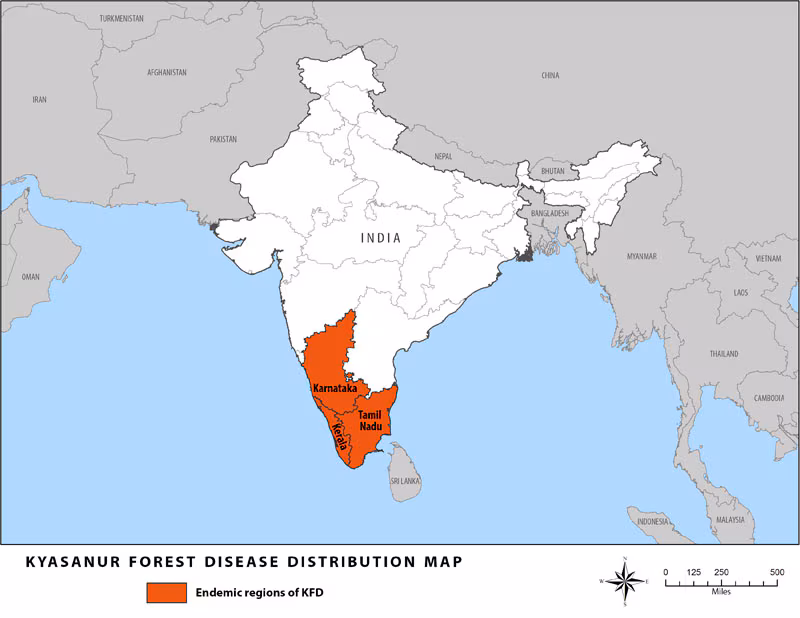 Map showing the areas where Kyasanur Forest Disease can be found.