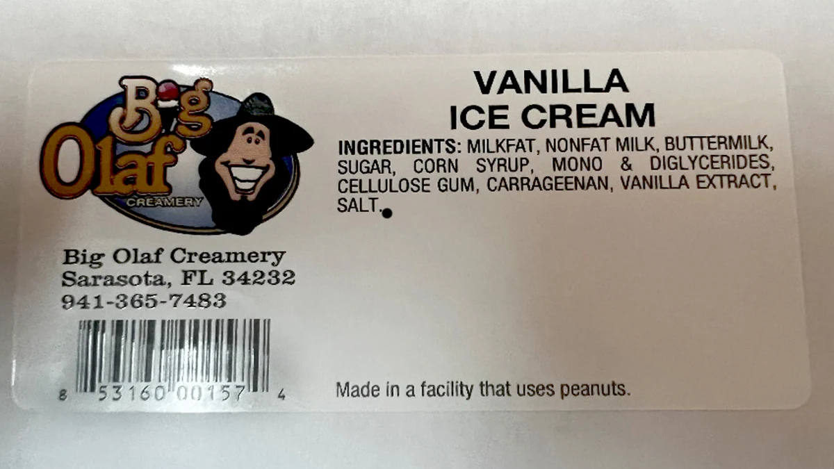 Big Olaf Creamery ice cream product label